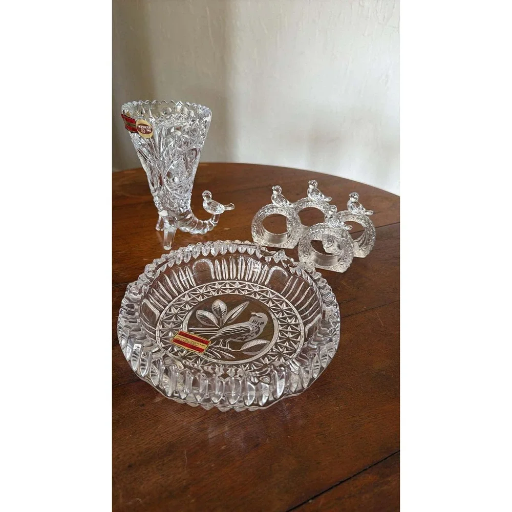 Hofbauer Byrdes Napkin Rings Set of 4 Vintage Crystal Bird West Germany